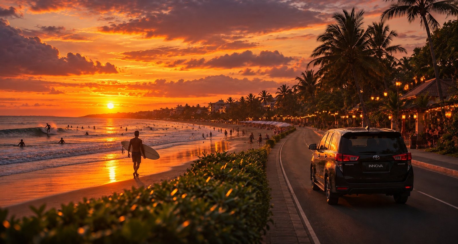 Kuta beach sunset scenery for a private Bali transfer route