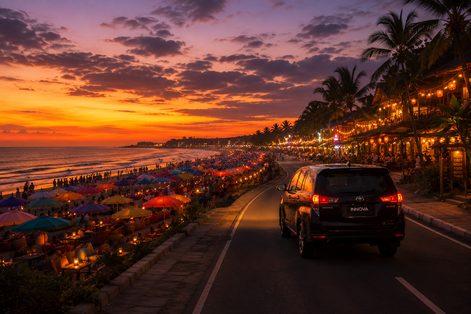 Seminyak sunset and Bali coastal atmosphere for a private transfer route