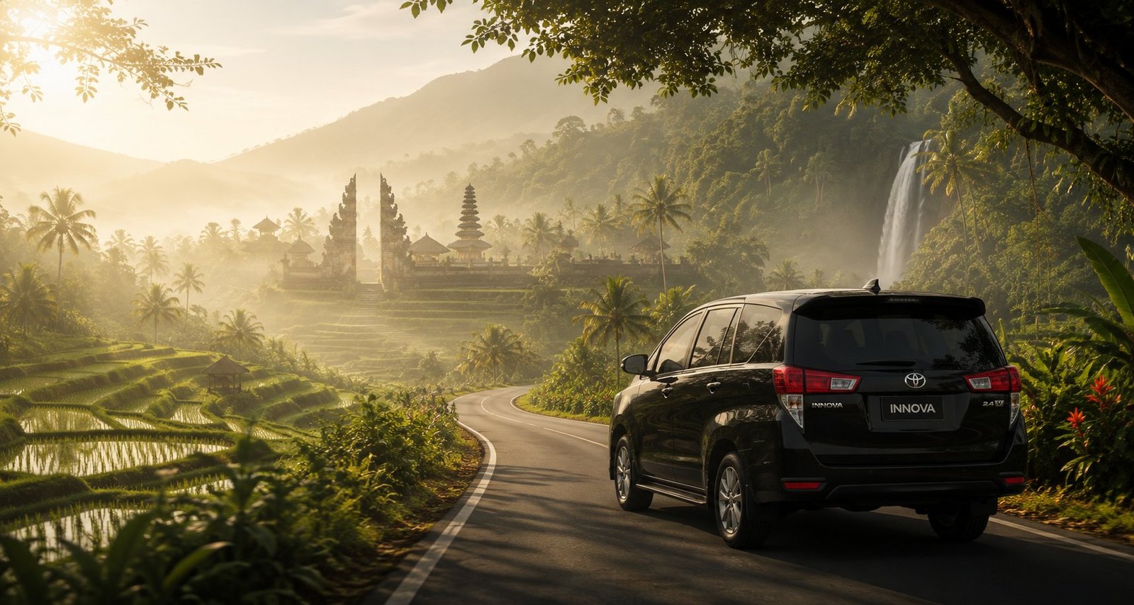 Ubud rice terraces and Balinese temple scenery for a private Bali transfer route